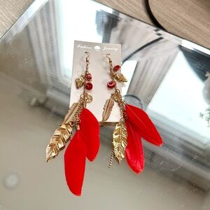 Gold Earring with Feather Red